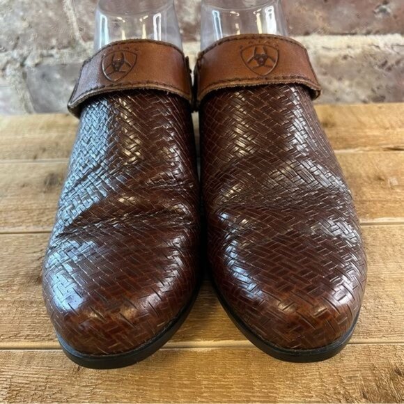 Ariat Rattan Brown Leather Woven Strap Slip On Mule Clog sz 7.5 - Picture 3 of 12